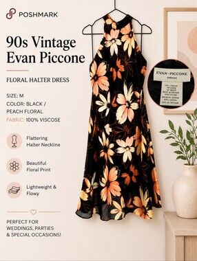 90s Evan-Piccone Floral Halter Dress Black Peach Viscose Midi M